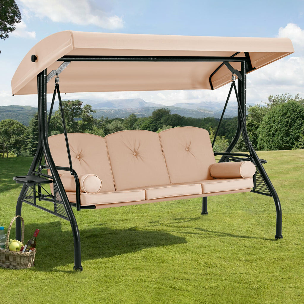 Homrest 3-Seat Outdoor Porch Swing with Cupholders, Adjustable Canopy and Backrest for Balcony, Khaki