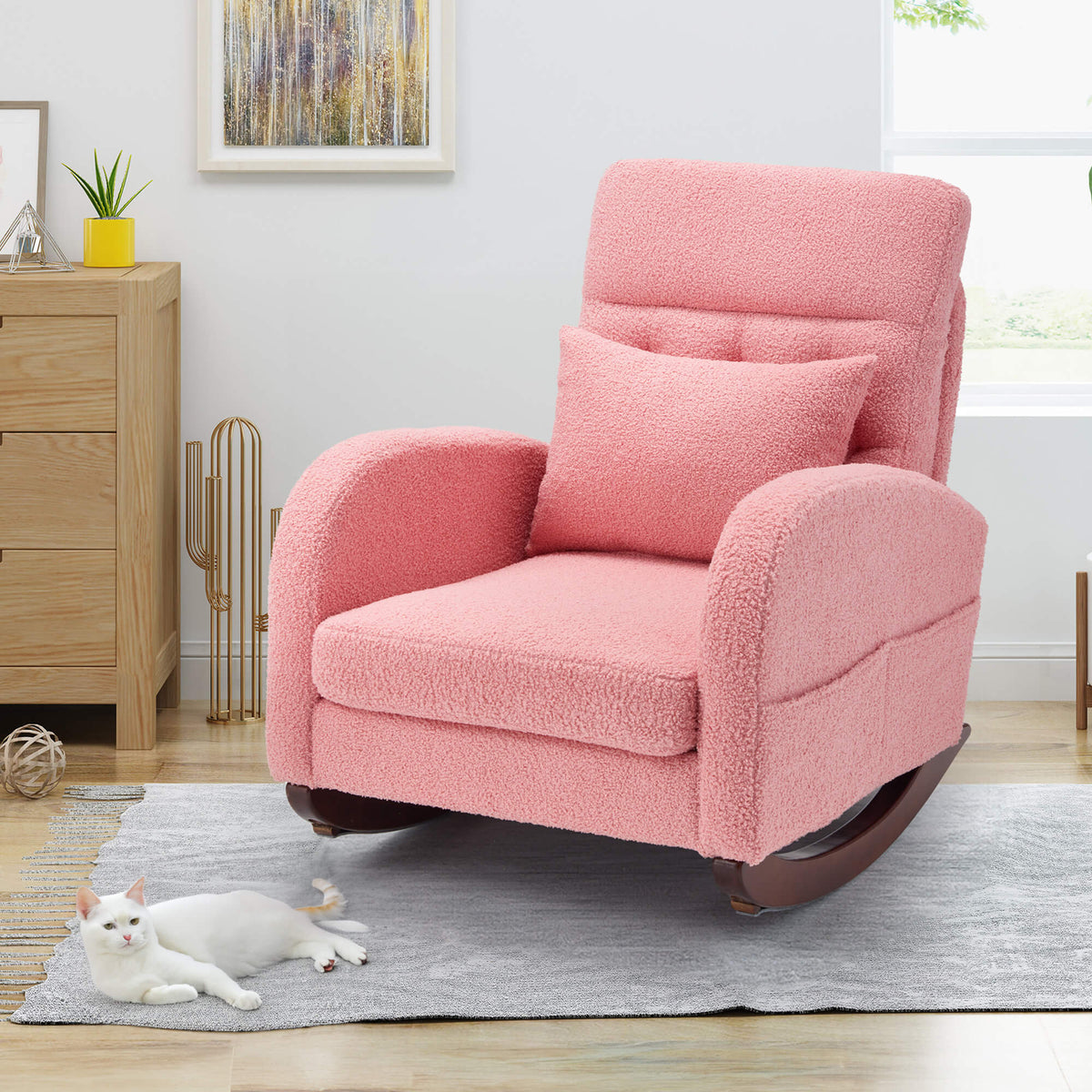 Homrest Teddy Fleece Low Seat Rocking Chair with Blanket Lumber Pillow,  Nursery Glider Chair with Side Pockets