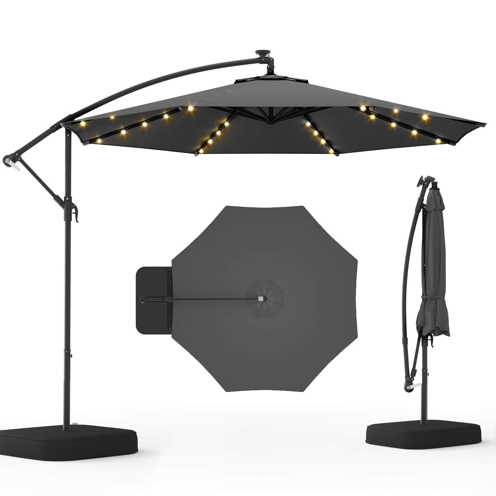 Homrest 10ft Solar Lighted Patio Umbrella with Base, Outdoor Cantileve