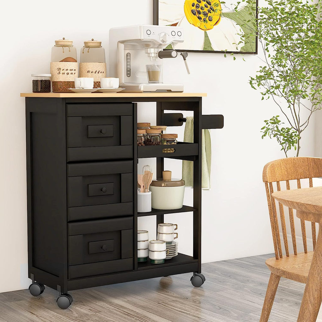 Homrest kitchen islands with countertop & drawer & open shelves and spice rack, Black