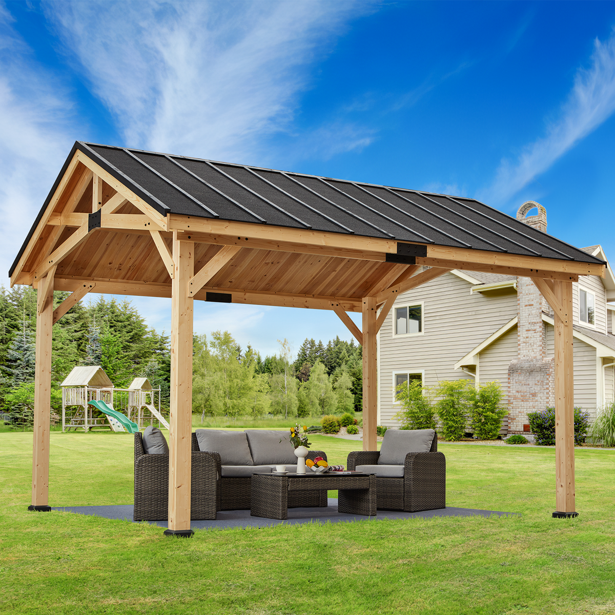 12X15 Durable Asphalt Roof Gazebo | Natural Spruce, Easy Assembly