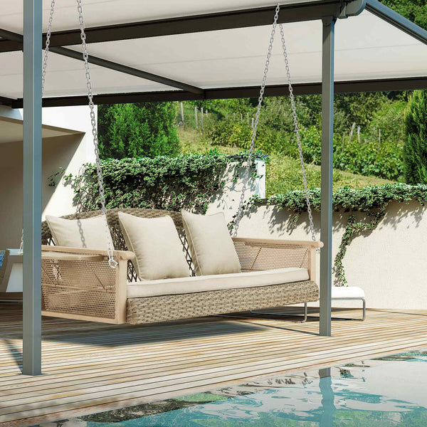 3-Seater Wicker Porch Swing with Cup Holders and Waterproof Cushions for Porch, Poolside, Beige
