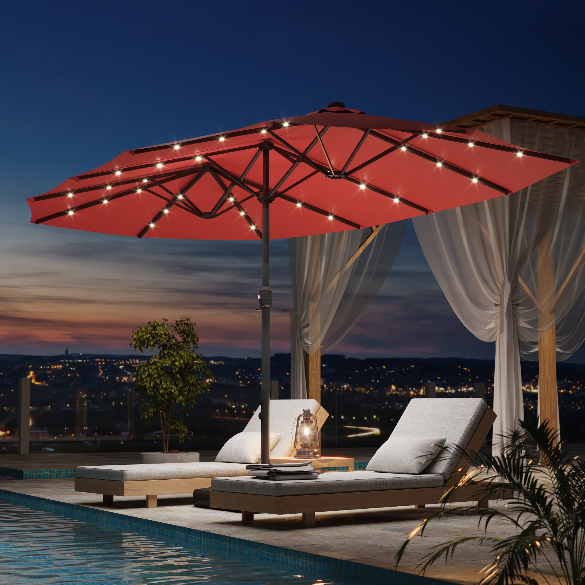 HOMREST 15ft Large Double-Sided Patio Umbrella with Solar LED Lights