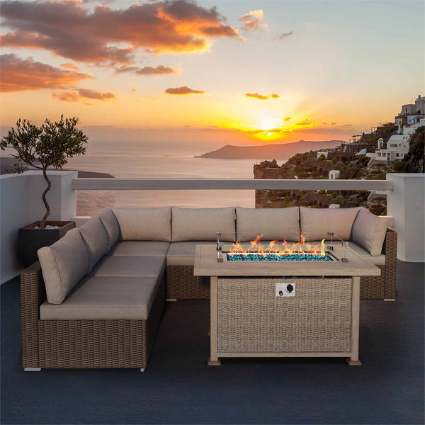 Patio Conversation Set with 44 in Auto-Ignition Propane Fire Pit with Aluminum Table Top and Glass Wind Guard for Christmas Party and Decoration, Gray