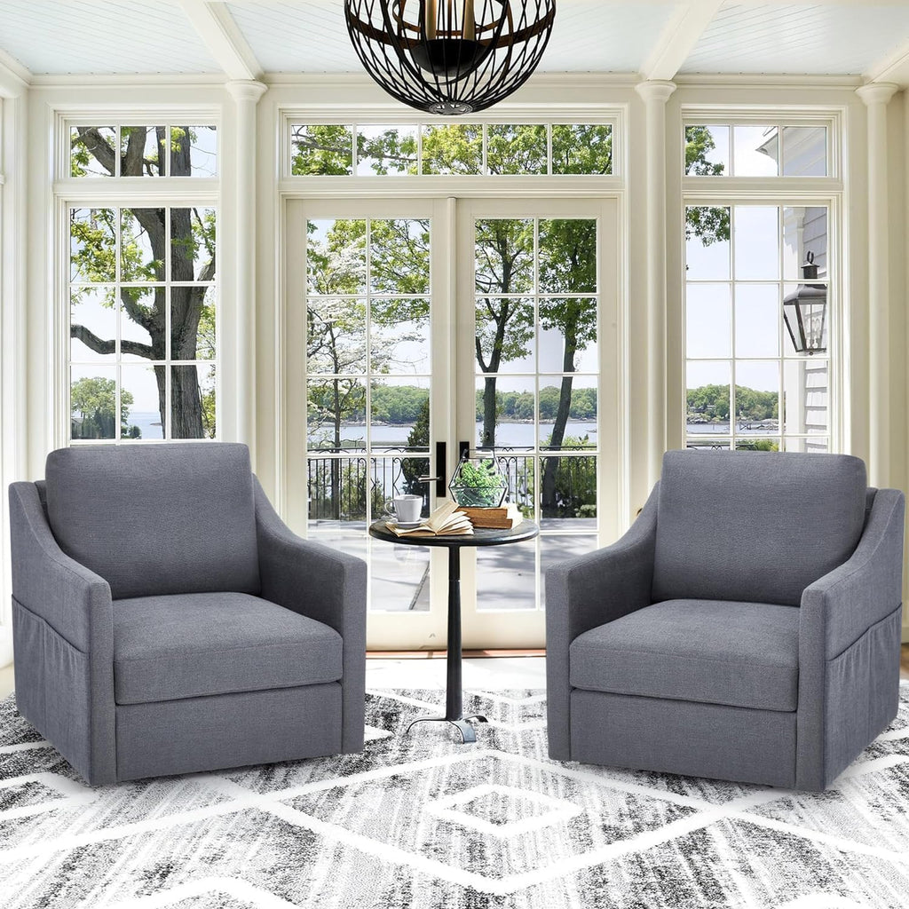 Swivel accent chair set of 2, linen fabric armchair with removable cover for reception, gray