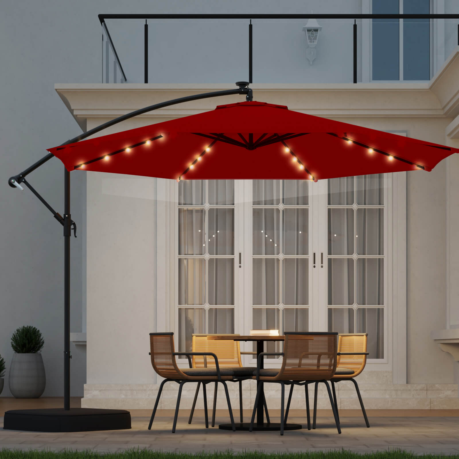 Homrest 10ft Solar Lighted Patio Umbrella with Base, Outdoor Cantileve