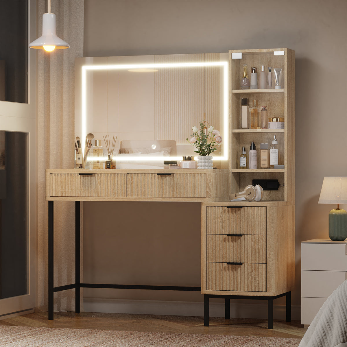 modern dressing table with mirror and lights HOMREST Fluted Makeup Vanity Desk with Mirror, Lights,5 Drawers, 3 Sto