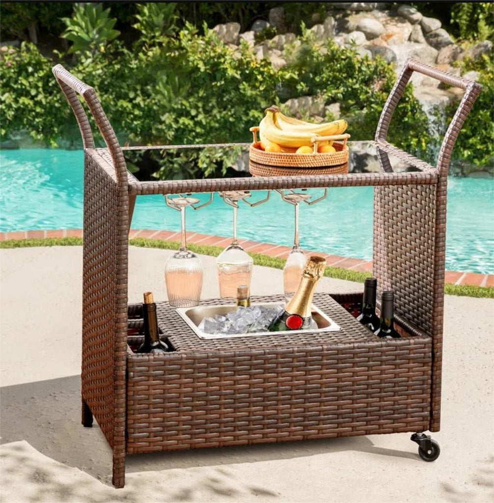 Homrest outdoor wicker bar cart with removable ice bucket and wheels for party, brown 