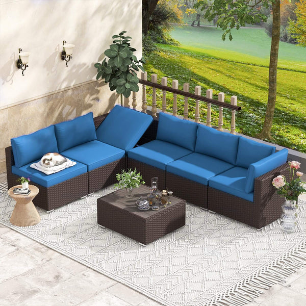 7 Pcs Outdoor Rattan Sectional Sofa w/ Adjustable Backrest, Grey Cushion & Coffee Table