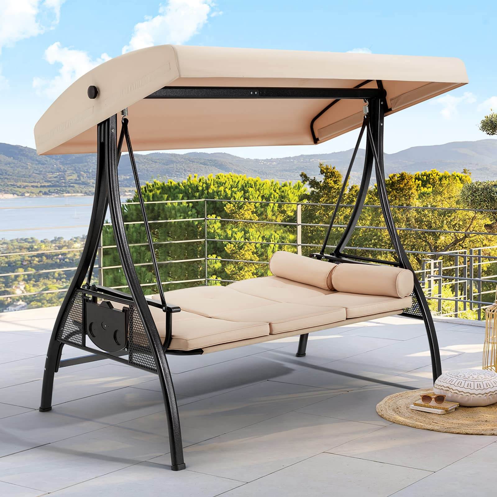 Homrest 3-Seat Outdoor Porch Swing with Adjustable Canopy and Backrest(Khaki) – homrest