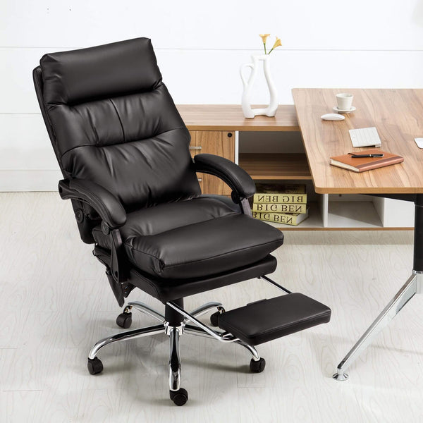 Reclining Executive Office Chair with Heat and Massage and USB Port, Comfortable Computer Desk Chair with Footrest (PU Leather Black)