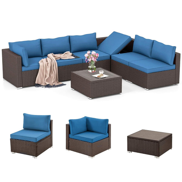 7 Pcs Outdoor Rattan Sectional Sofa w/ Adjustable Backrest, Red Cushion & Coffee Table, Blue