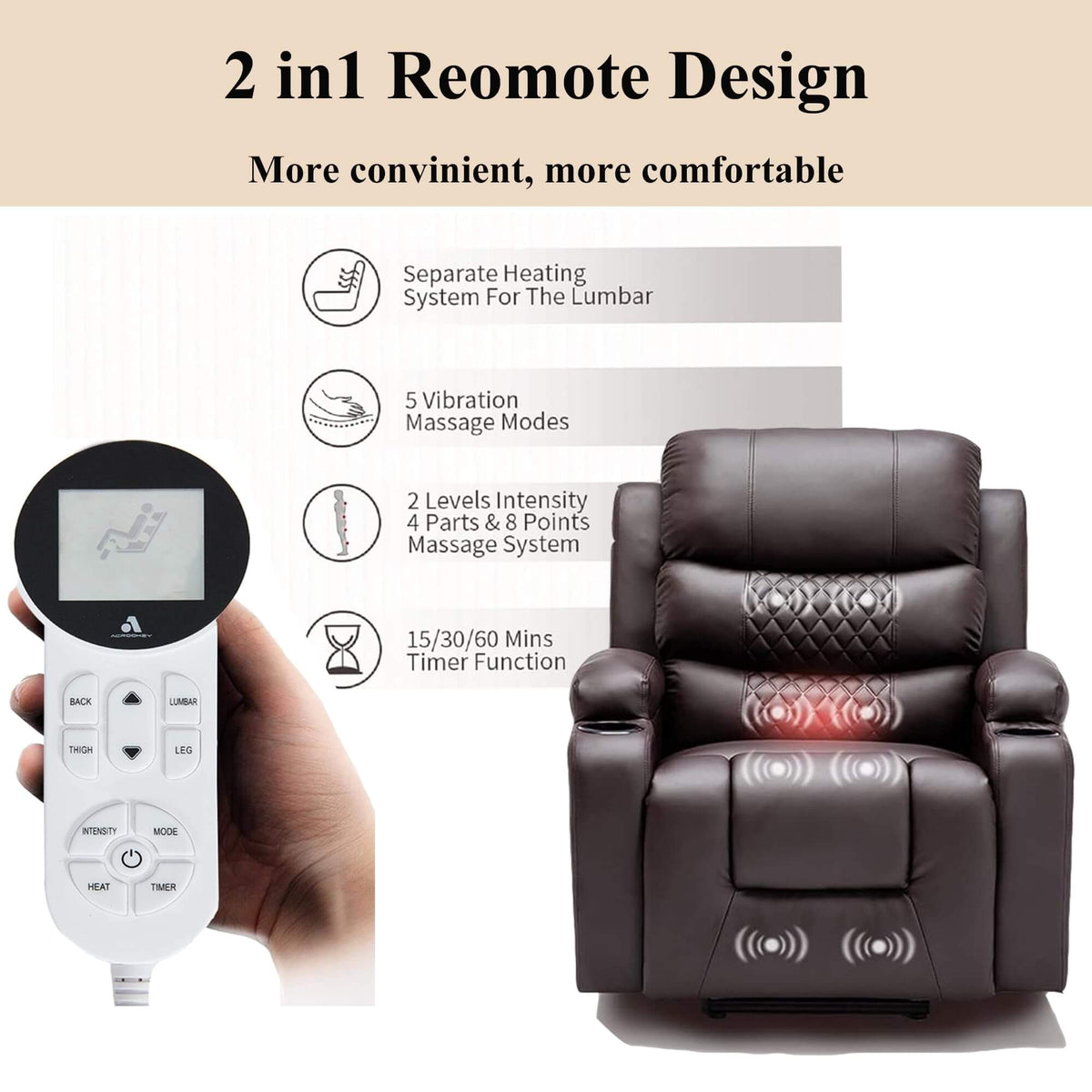 Homrest Power Lift Recliner Chair with Heated Massage, Brown