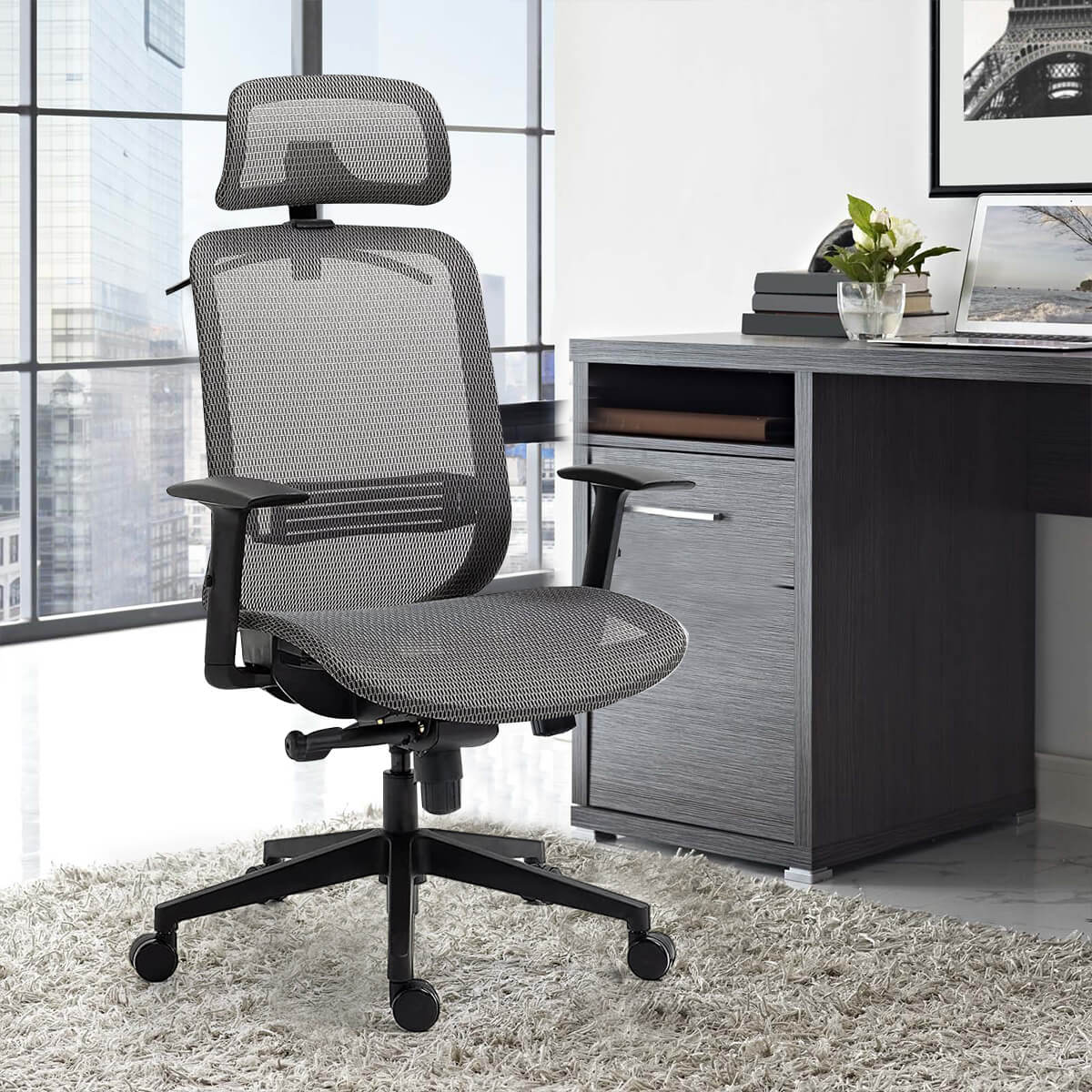 Office Chair, High Back Mesh Chair Ergonomic Home Desk Chair Adjustable Headrest, and Armrest Executive Computer Chair with Hanger and Soft Foam