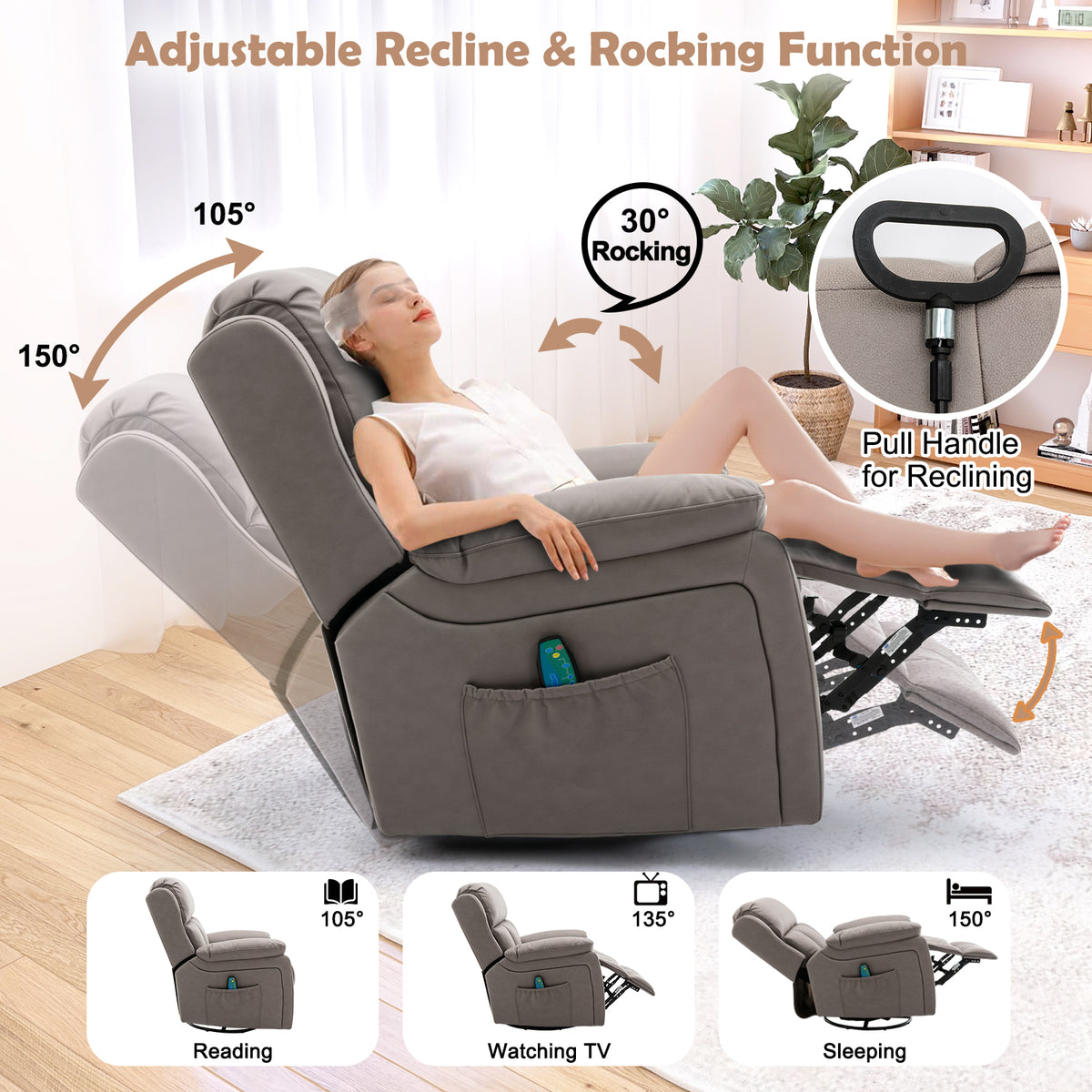 HOMREST Reclining Chair with Massage, Ergonomic Office Breathable Fabric  Executive Computer Chair w/Retractable Footrest, High Back Swivel Recliner