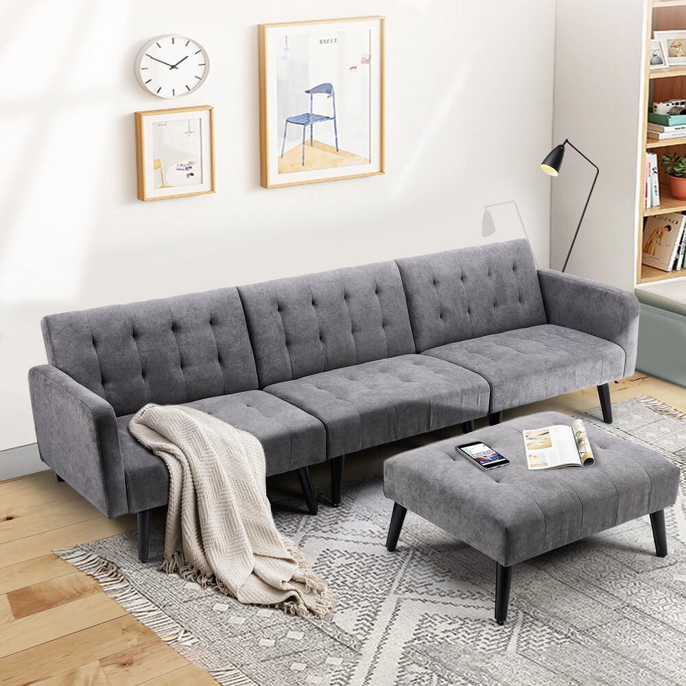 Linen Sectional Convertible L-Shaped Sofa Bed, Dark Grey