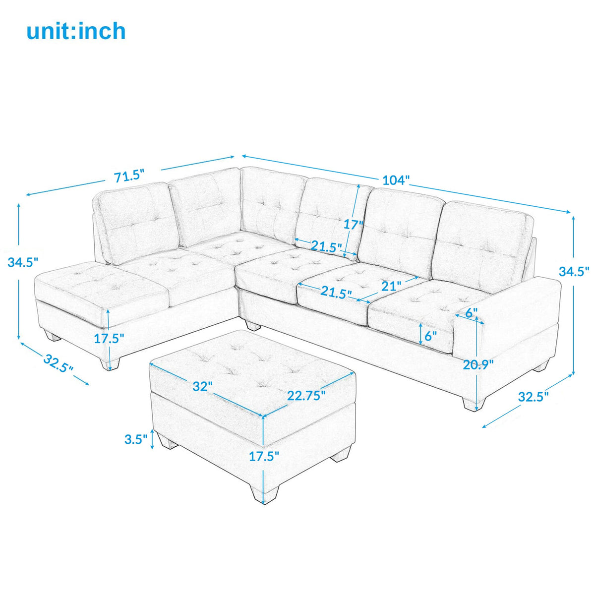 Homrest Sectional Sofa with Chaise Lounge for Living Room