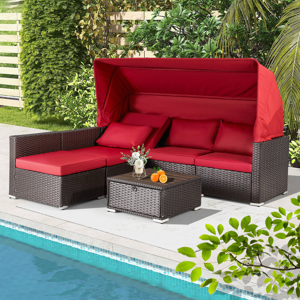 6 Pcs outdoor sectional sofa daybed with canopy, adjustable backrest and coffee table, wine red | Homrest furniture
