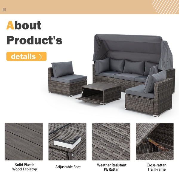 Homrest 6 pcs outdoor sectional sofa daybed with canopy, adjustable backrest and coffee table, gray 
