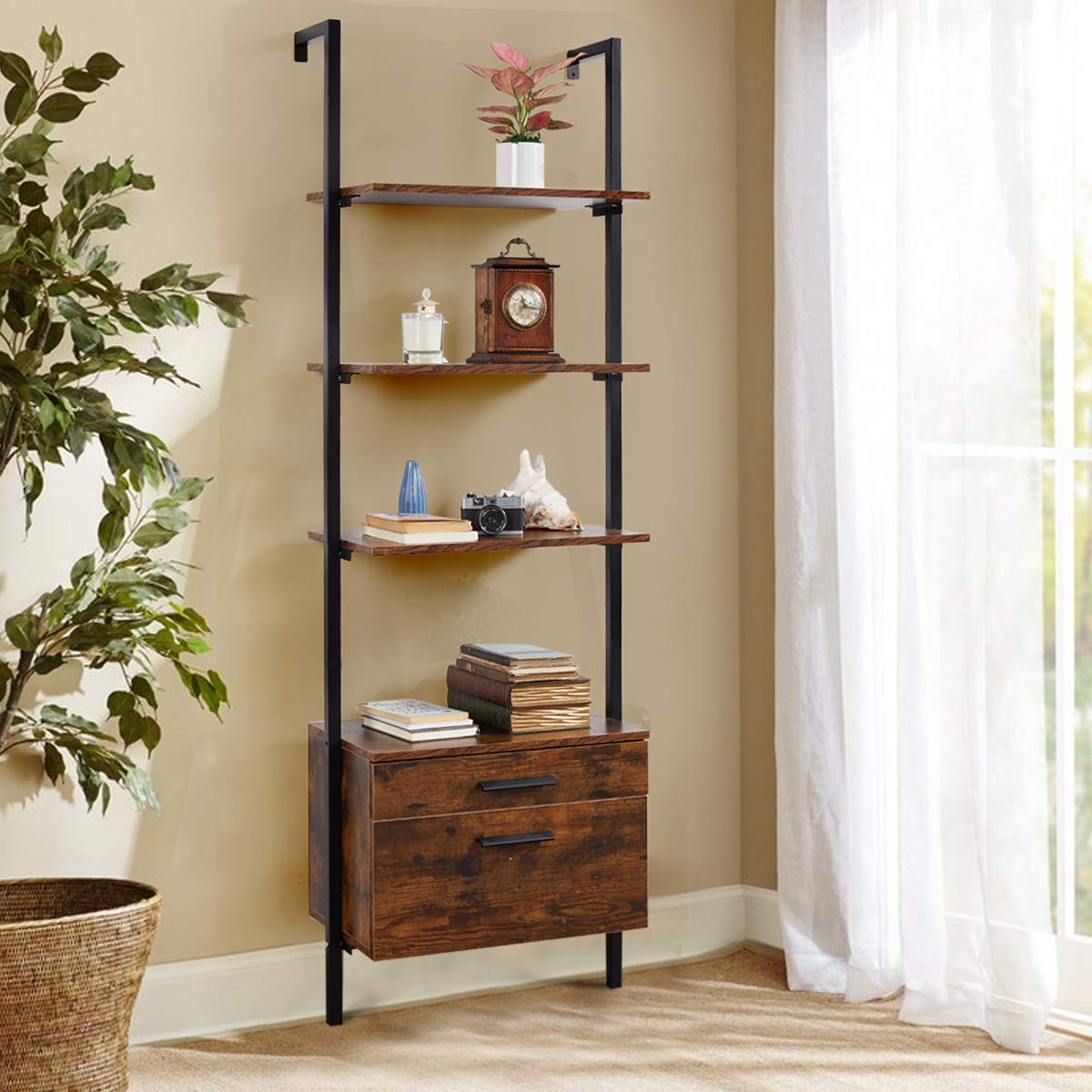 Wall Mouted 3-Tier Bookshelf with 2 Wood Drawers, Black, image size:1200x1200