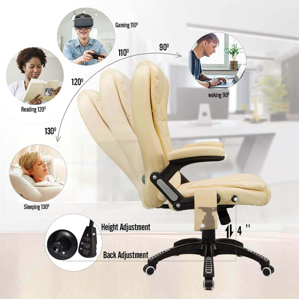 Ergonomic Office Chair High Back PU Leather Computer Chair Height  Adjustable Desk Chair Heated Massage Recliner Chair with Lumbar Support,  Cream