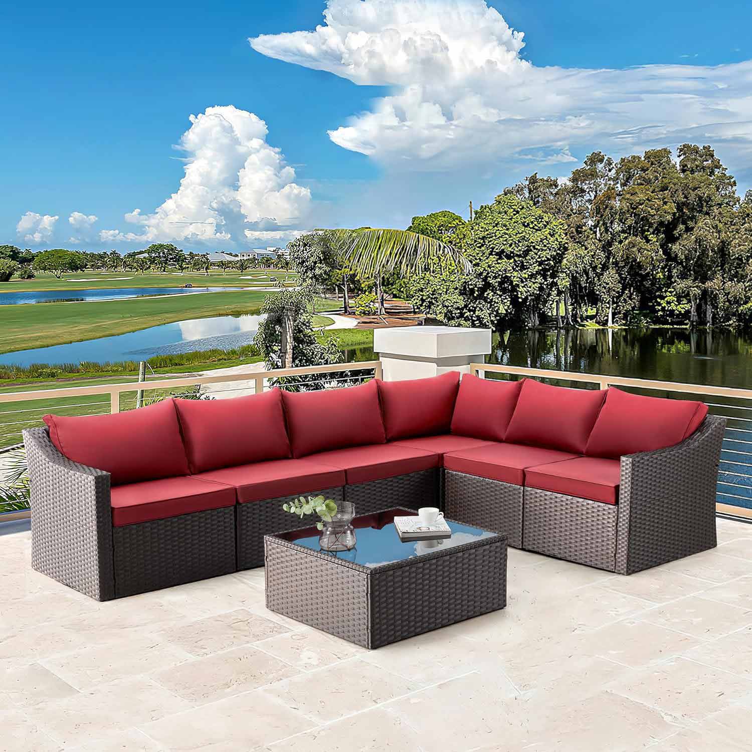 Homrest 7 pcs patio furniture set with coffee table, wine red