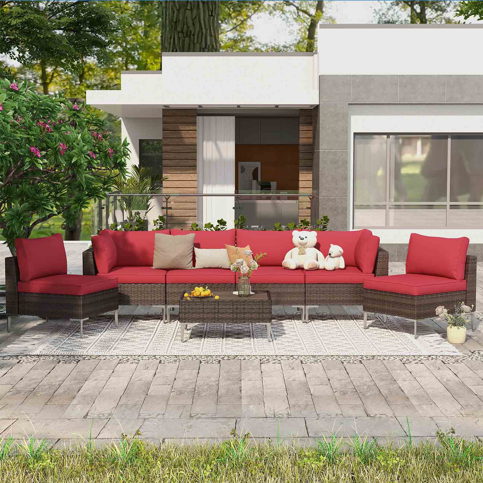 7 Pcs Outdoor Sectional Sofas for Porch, Garden and Poolside, All-Weather Patio Couch Set with Tea Table, Red | Homrest Furniture