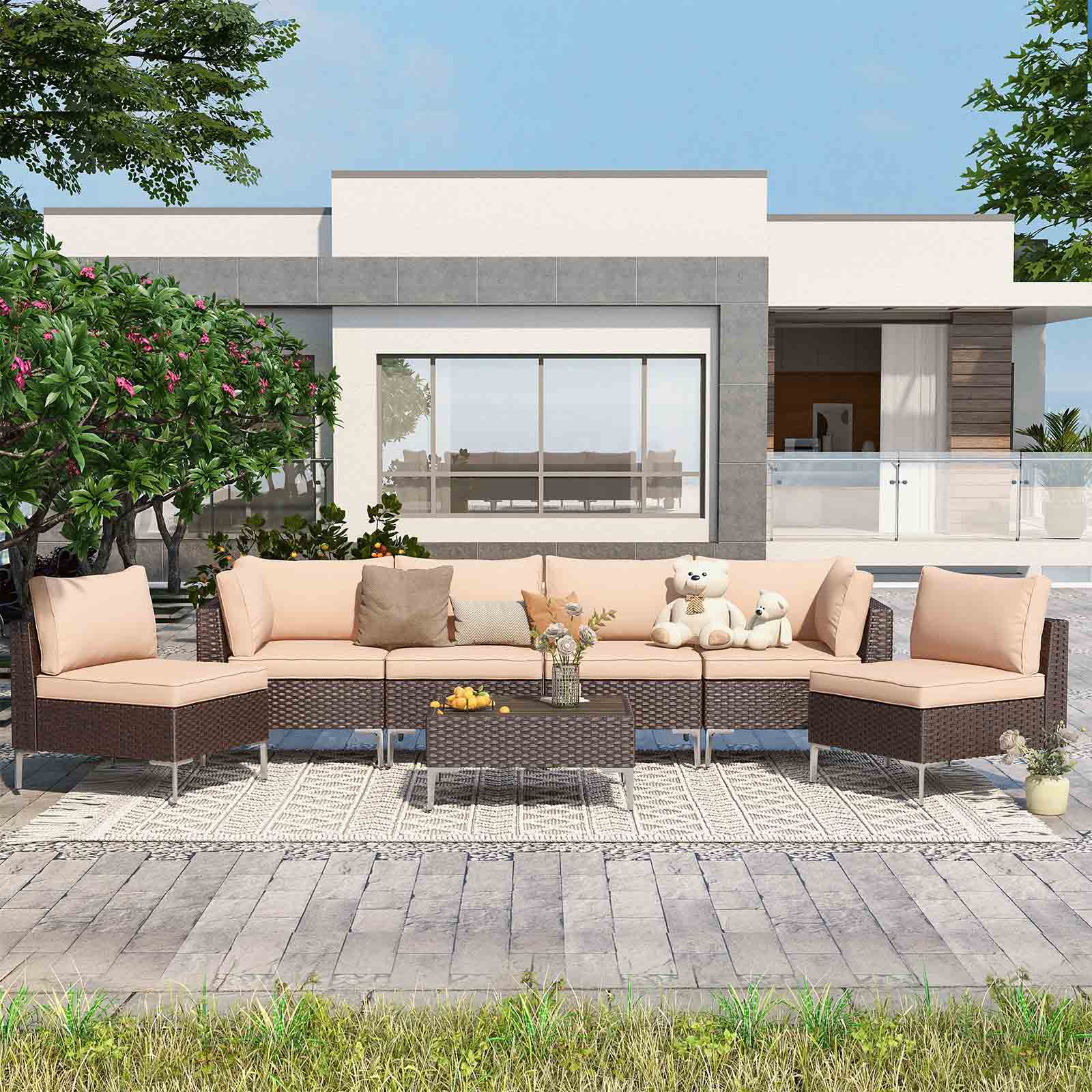 7 Pieces Outdoor Sectional Sofa, All-Weather Furniture Set with Tea Table, Khaki | Homrest Furniture