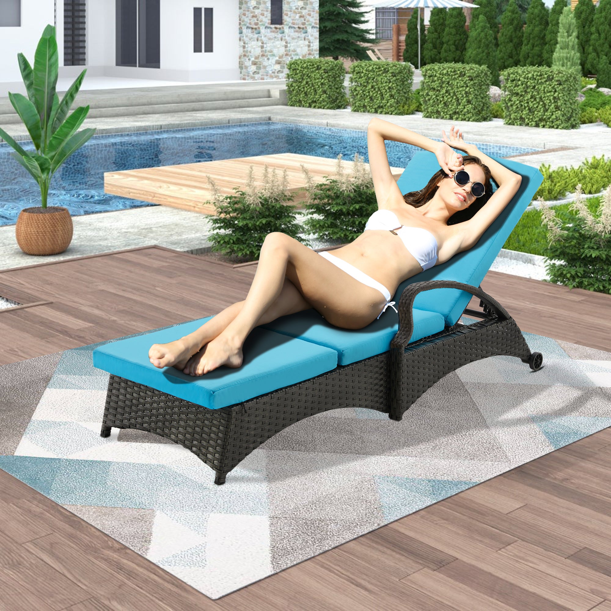 Outdoor Lounge Chaise Chairs Black Rattan Lounger with Blue Cushion & Armchairs