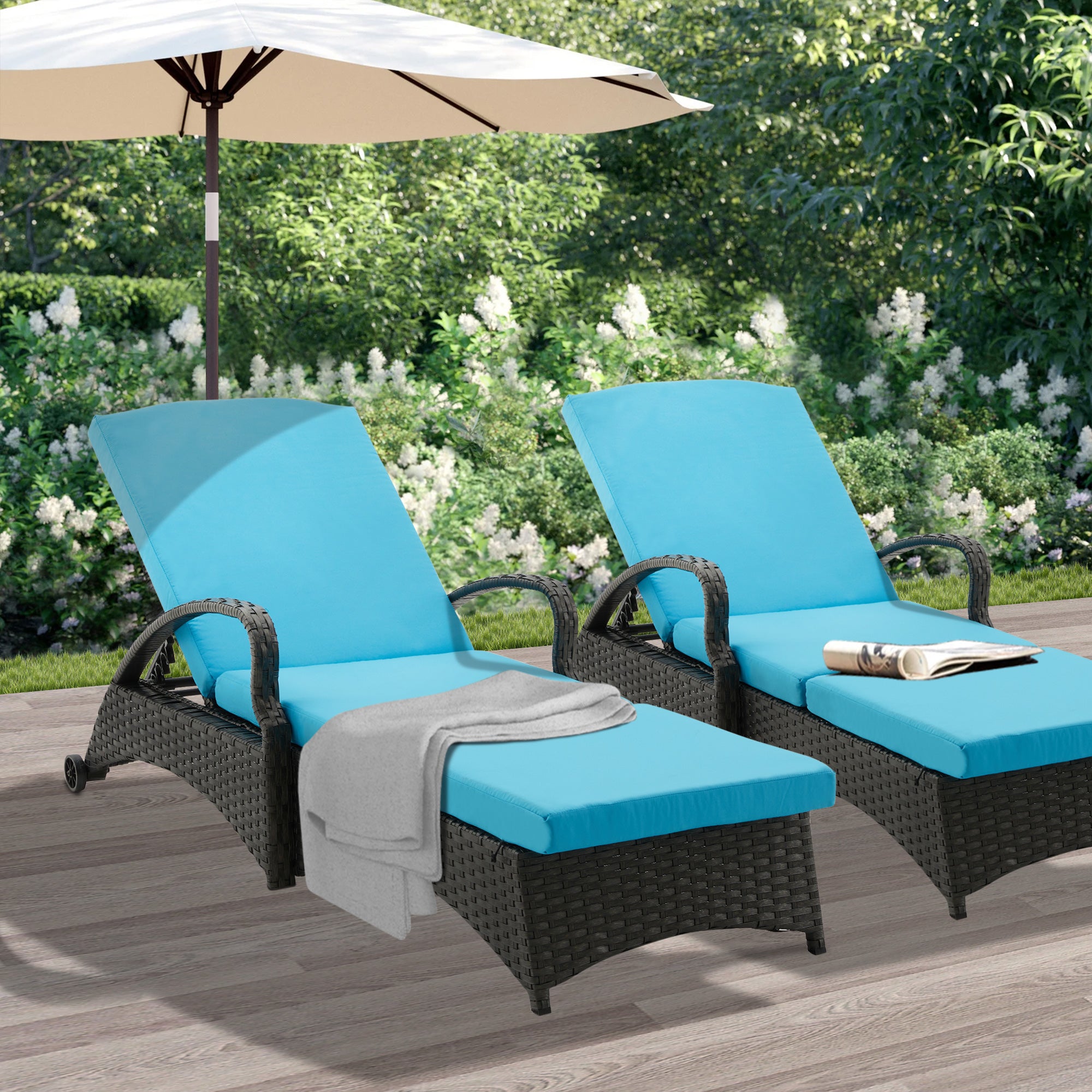 Outdoor Lounge Chaise Chairs Black Rattan Lounger with Blue Cushion & Armchairs