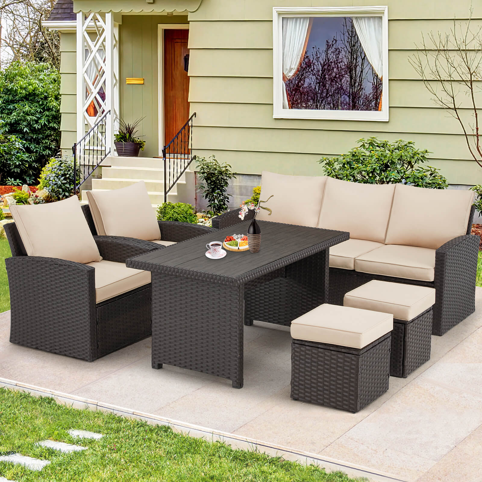 6 PCs Patio Furniture Sets, All Weather Wicker Rattan Couch Dining Table & Chair (Khaki) | Homrest Furniture