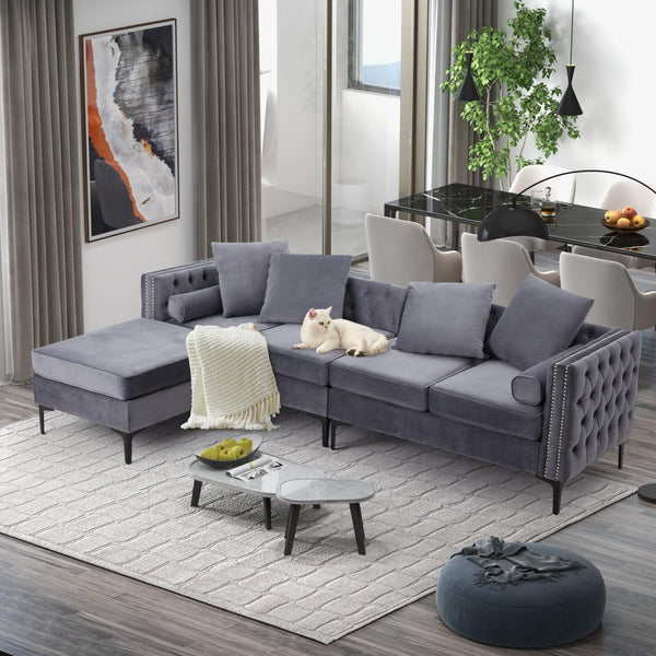 4-Seat Sectional Sleeper Sofa Set with Storage Ottoman for Living Room, Grey