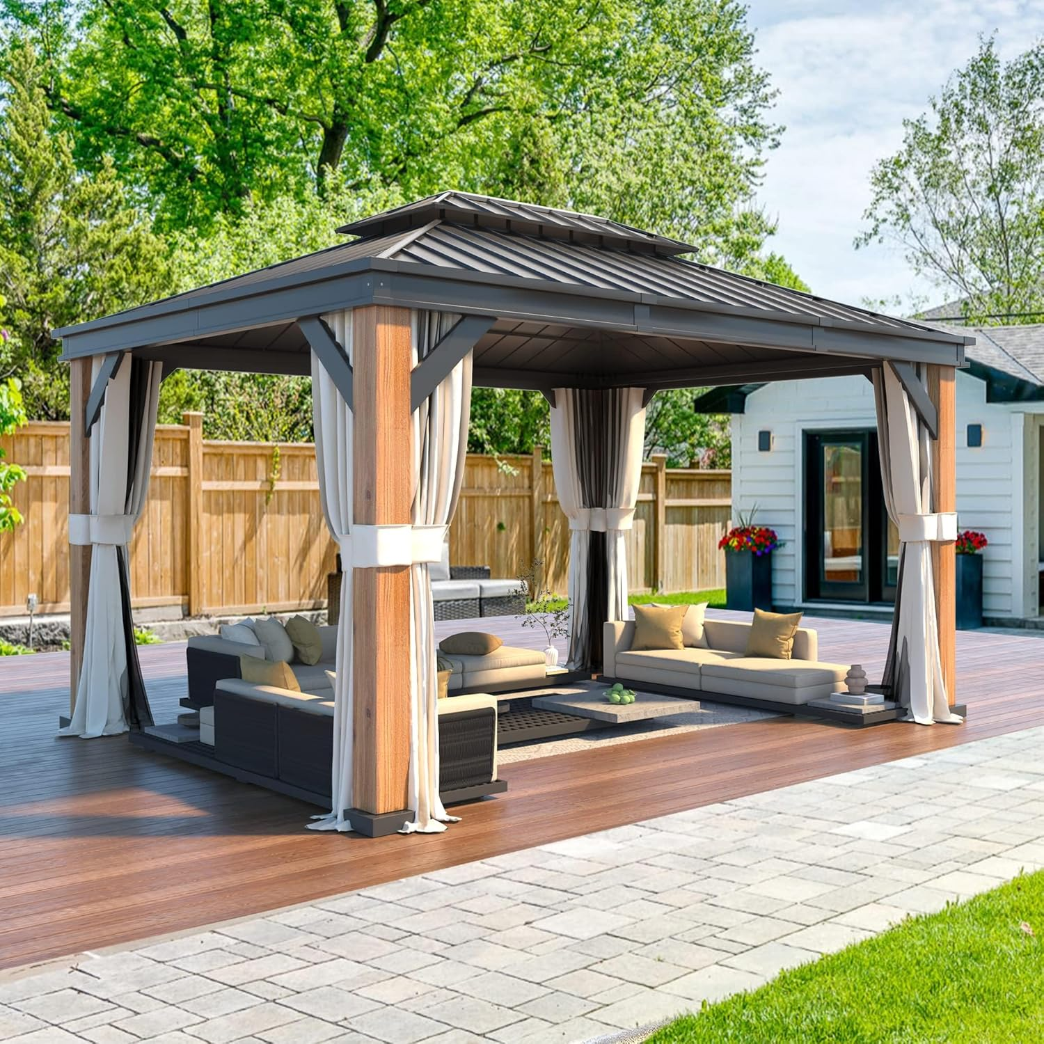 Homrest 12X16 ultra thick columns and beams hardtop gazebo metal gazebo with faux wood grain aluminum frame dual material double roof outdoor patio gazebo pergolas with netting and curtains