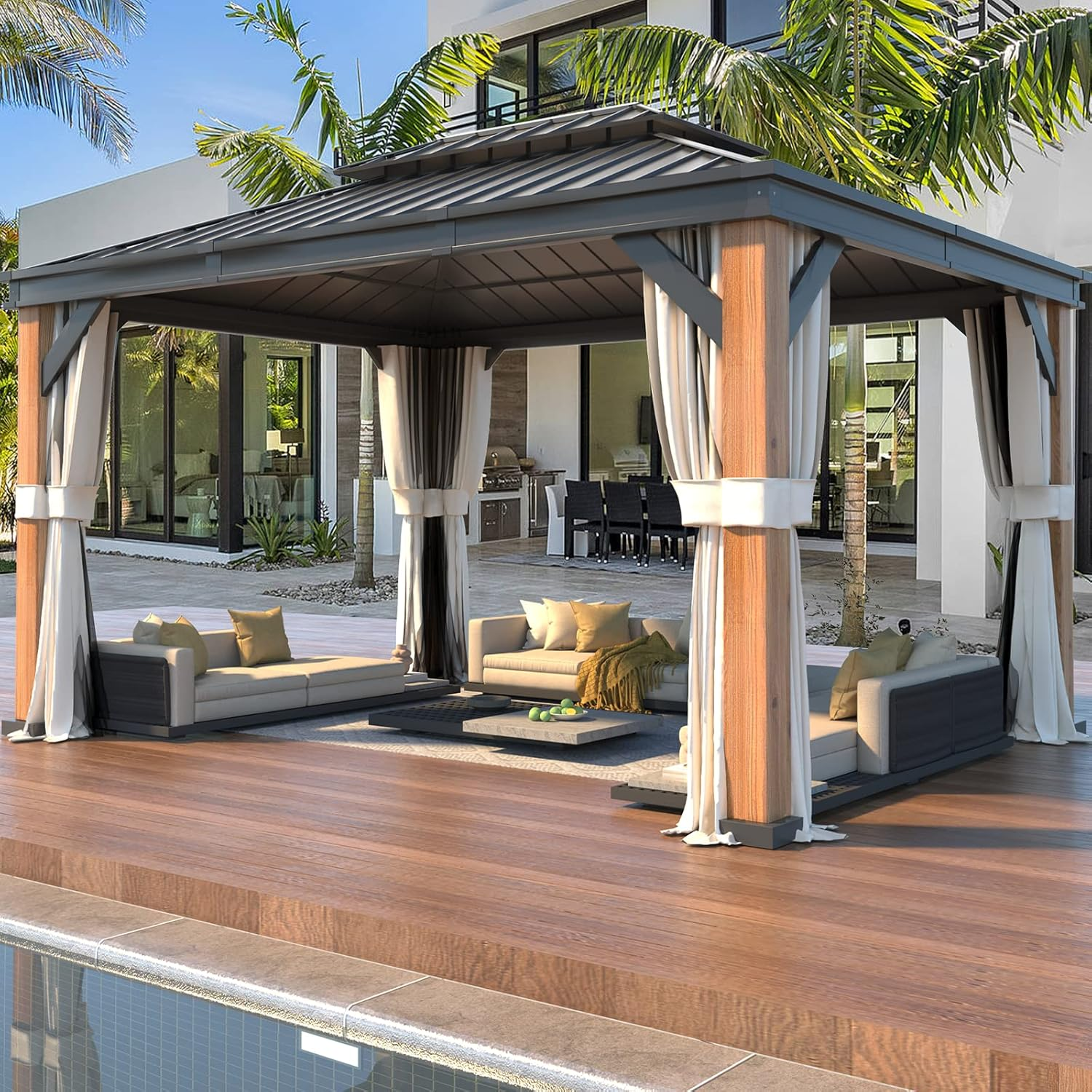 Homrest 12X16 ultra thick columns and beams hardtop gazebo metal gazebo with faux wood grain aluminum frame dual material double roof outdoor patio gazebo pergolas with netting and curtains