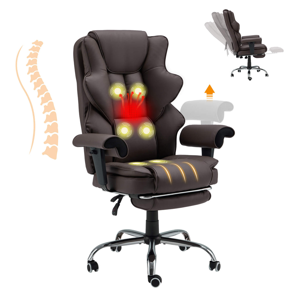 6-Point Massage Heat Ergonomic Reclining Office Chair with Footrest Brown