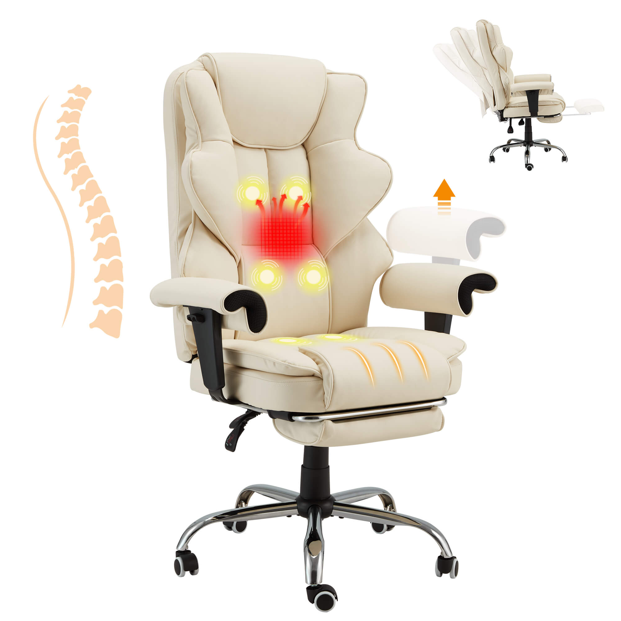 Homrest 6-Point Massage Heat Ergonomic Reclining Office Chair with Footrest Beige