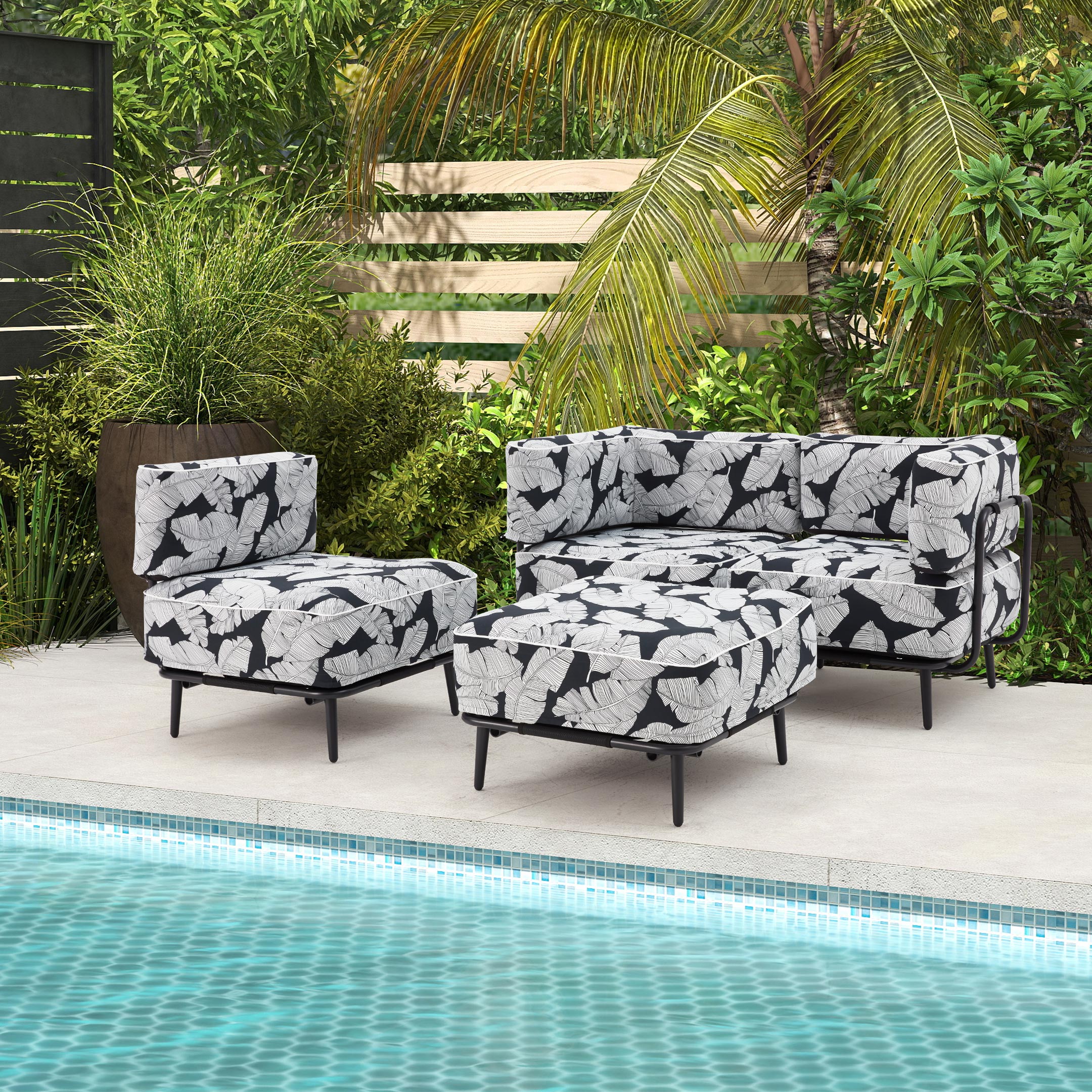 HOMREST 4-Piece Inflatable Couch Set, Portable Oxford Fabric Blow Up Couch Lounger, White Black Leaf Pattern