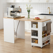 HOMREST 52" Extendable Kitchen Island with Faux Marble Top, Rolling Kitchen Cart with Pull-Out Dining Table, Spice Rack, Towel Bar, Mobile Breakfast Bar Station with Storage for Small Space, White
