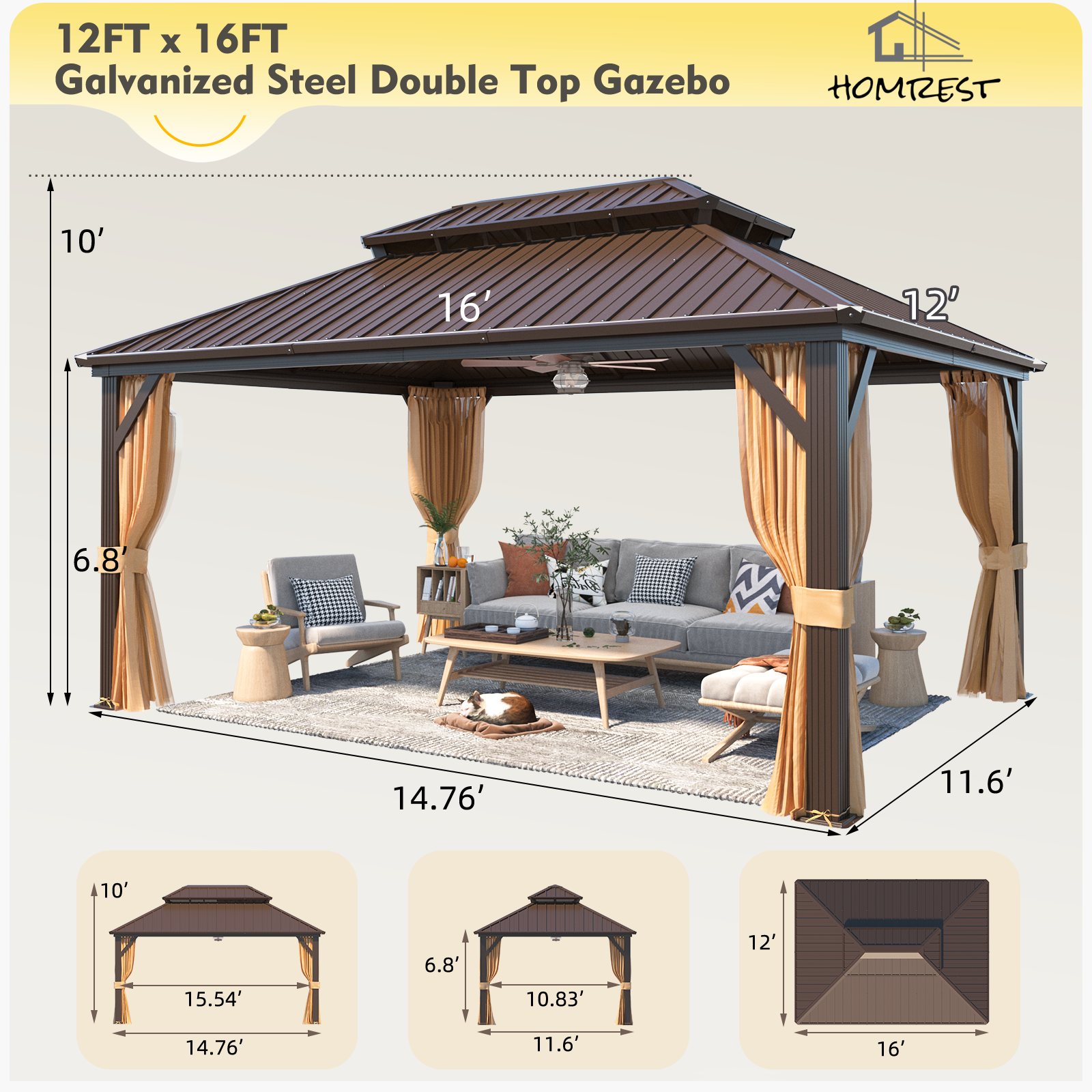 Homrest 12' x 16' Hardtop Gazebo, Aluminum Frame Gazebos with Galvanized Steel Double Roof