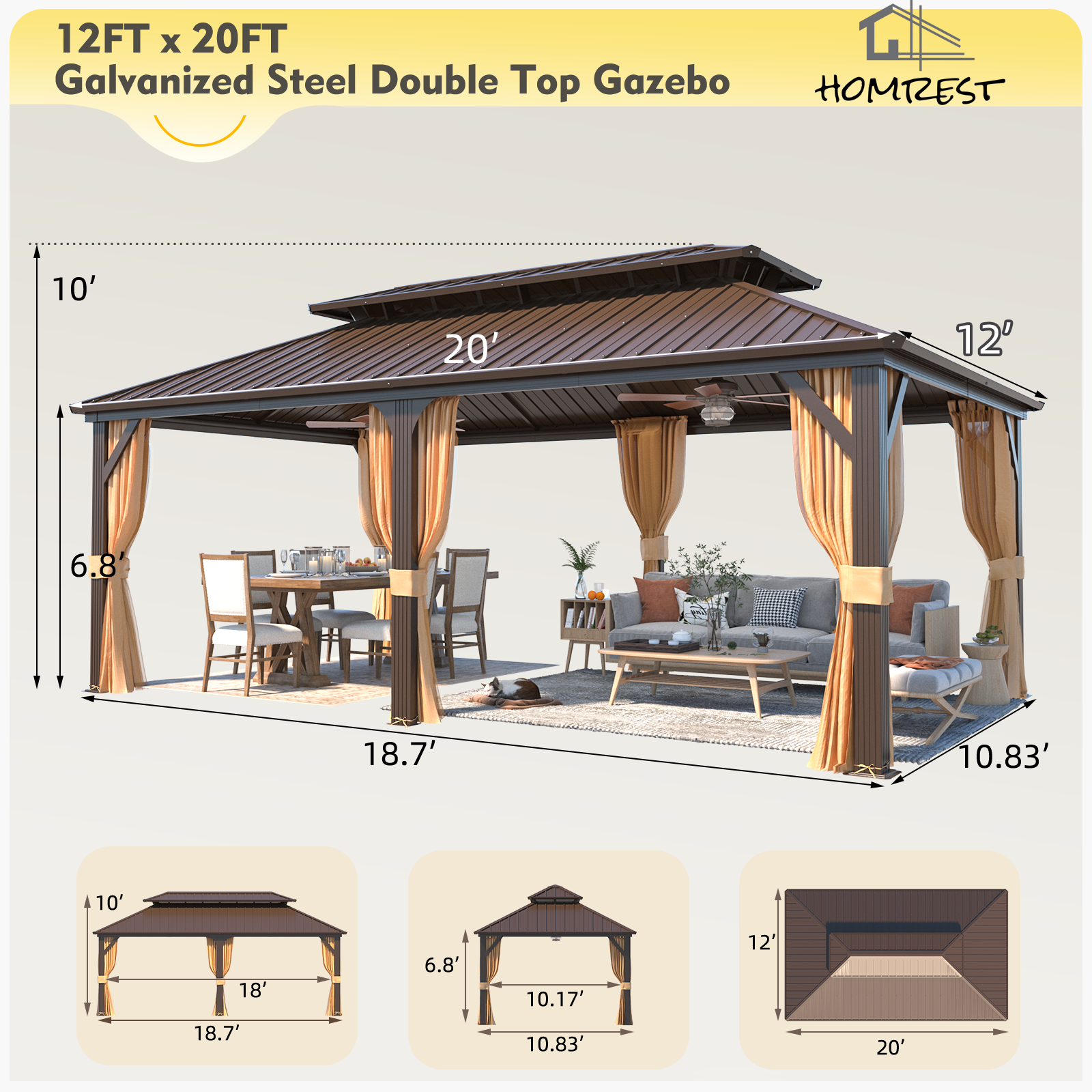 Homrest 12' x 20' Hardtop Gazebo, Aluminum Frame Gazebos with Galvanized Steel Double Roof