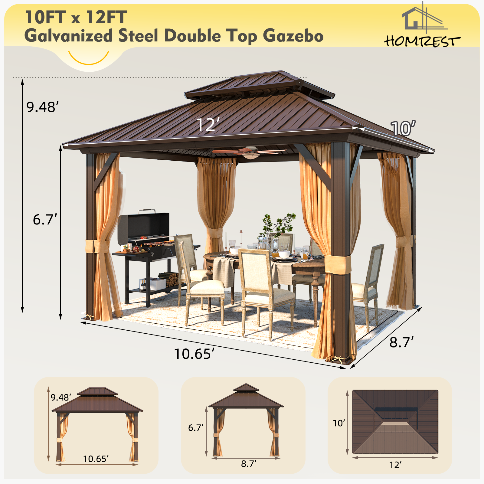 Homrest 10' x 12' Hardtop Gazebo, Aluminum Frame Gazebos with Galvanized Steel Double Roof