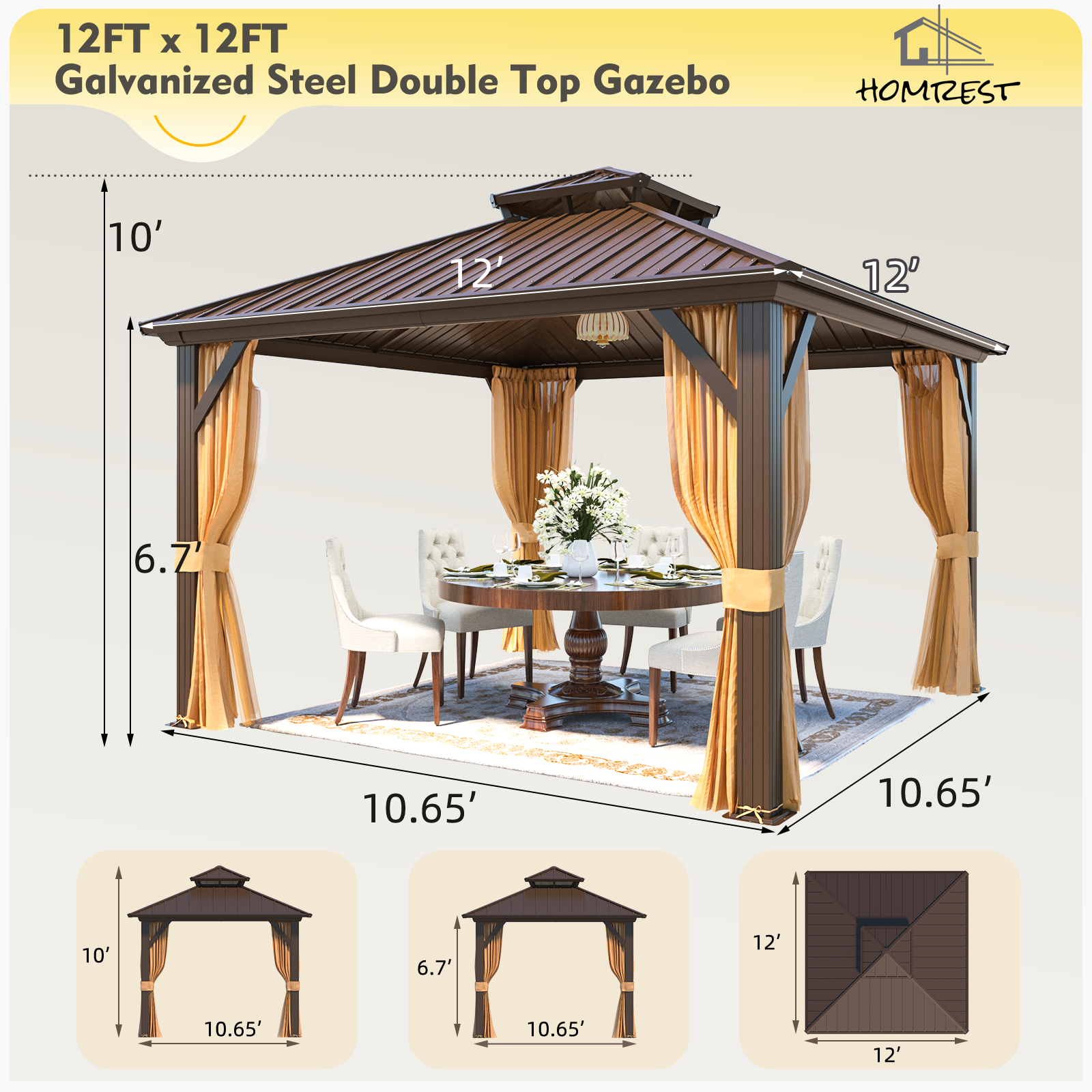 Homrest 12X12 Hardtop Gazebo, Aluminum Frame Gazebos with Galvanized Steel Double Roof, Permanent Outdoor Metal Pavilion with Curtain and Netting for Patio, Lawn, Deck