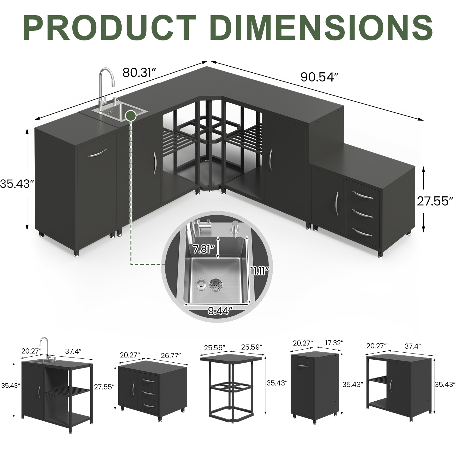 HOMREST 5-Piece Modular Outdoor Kitchen Island with Sink, Large Storage Cabinet & Shelf, Pull-Out Trash Drawer and Grill Stand, Outdoor Storage Kitchen Set for BBQ, Deck, Backyard, Black