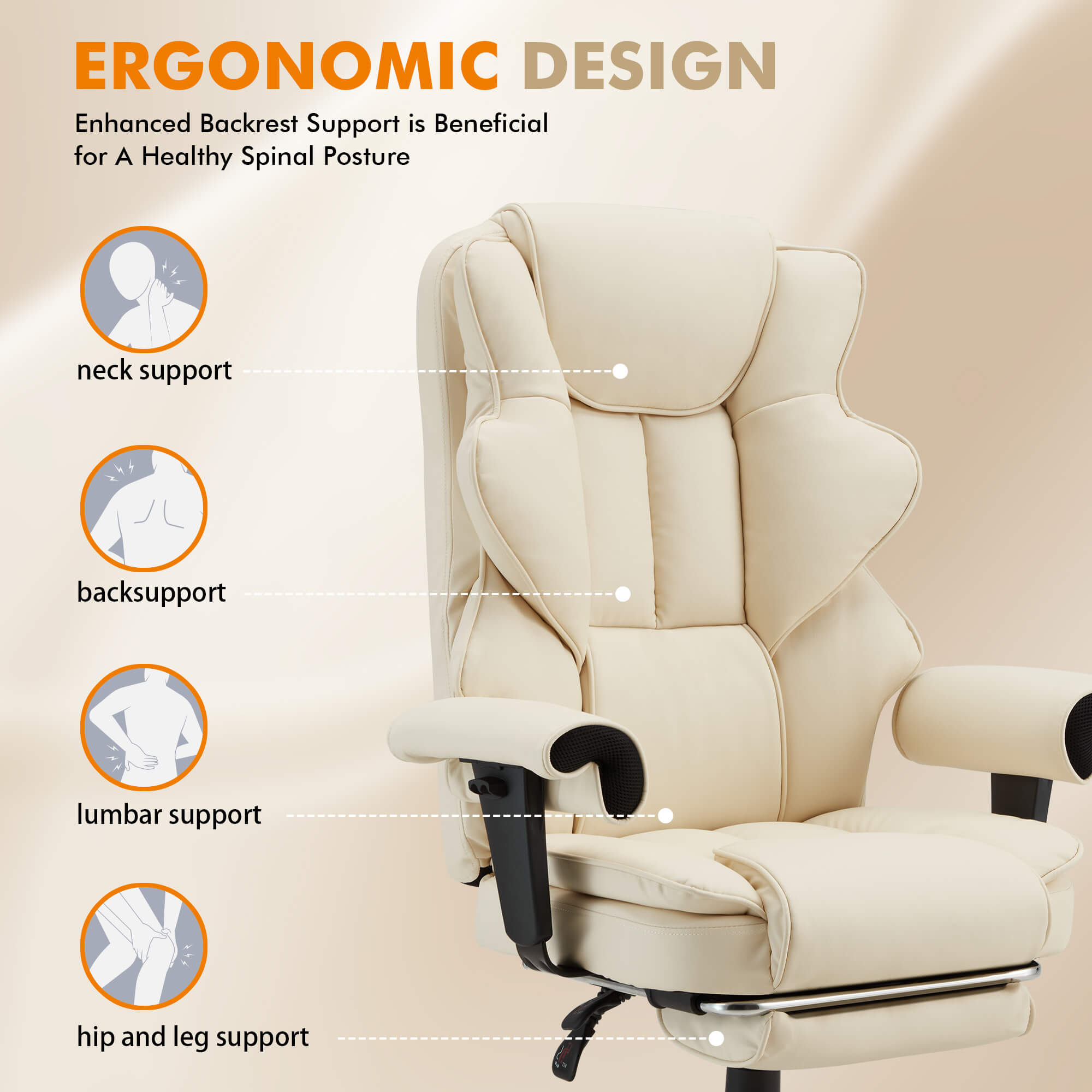 Homrest 6-Point Massage Heat Ergonomic Reclining Office Chair with Footrest Beige