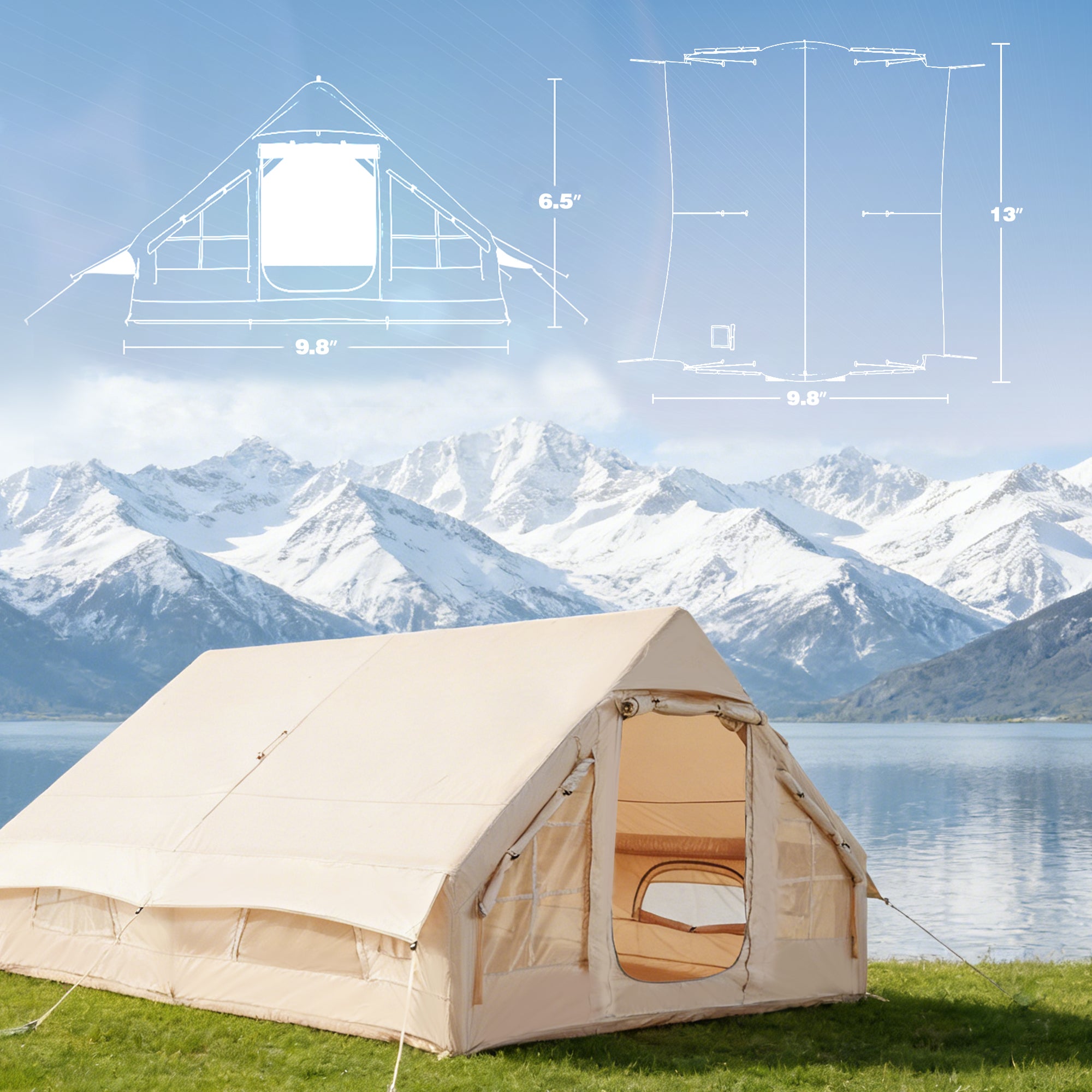 HOMREST Large Inflatable Tent for 8-10 Person, Waterproof Blow Up Camping Tent, Easy Setup 130 Square Glamping Cabin with Mesh Windows, A/C Port & Stove Jack