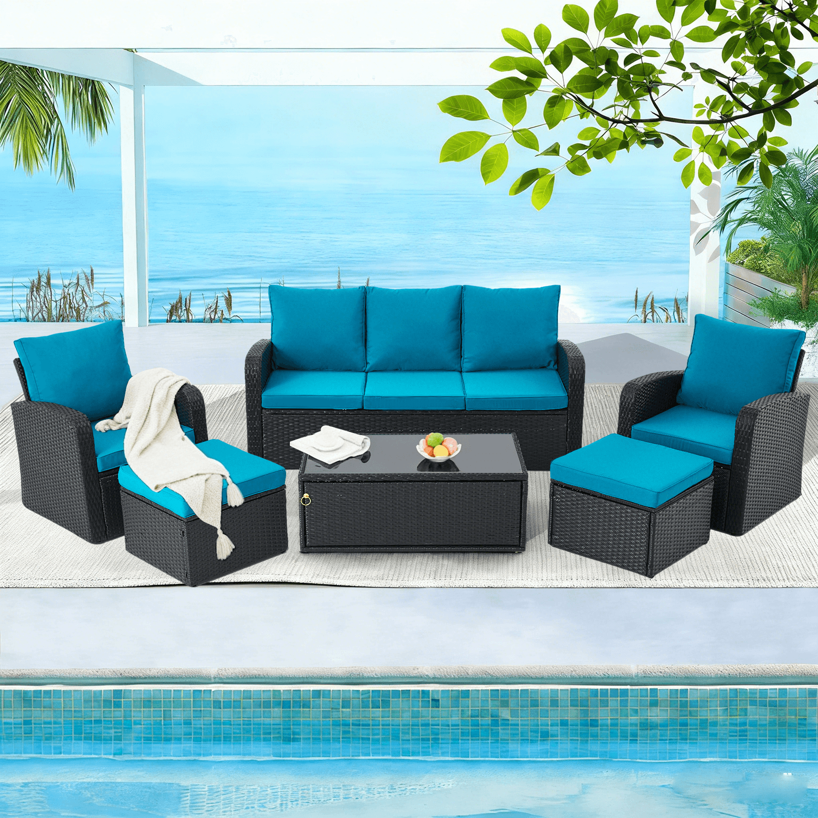 Homrest 6 Pcs Patio Furniture Sets with Coffee Table, Ottomans, Cushions & Pillows, Peacock Blue