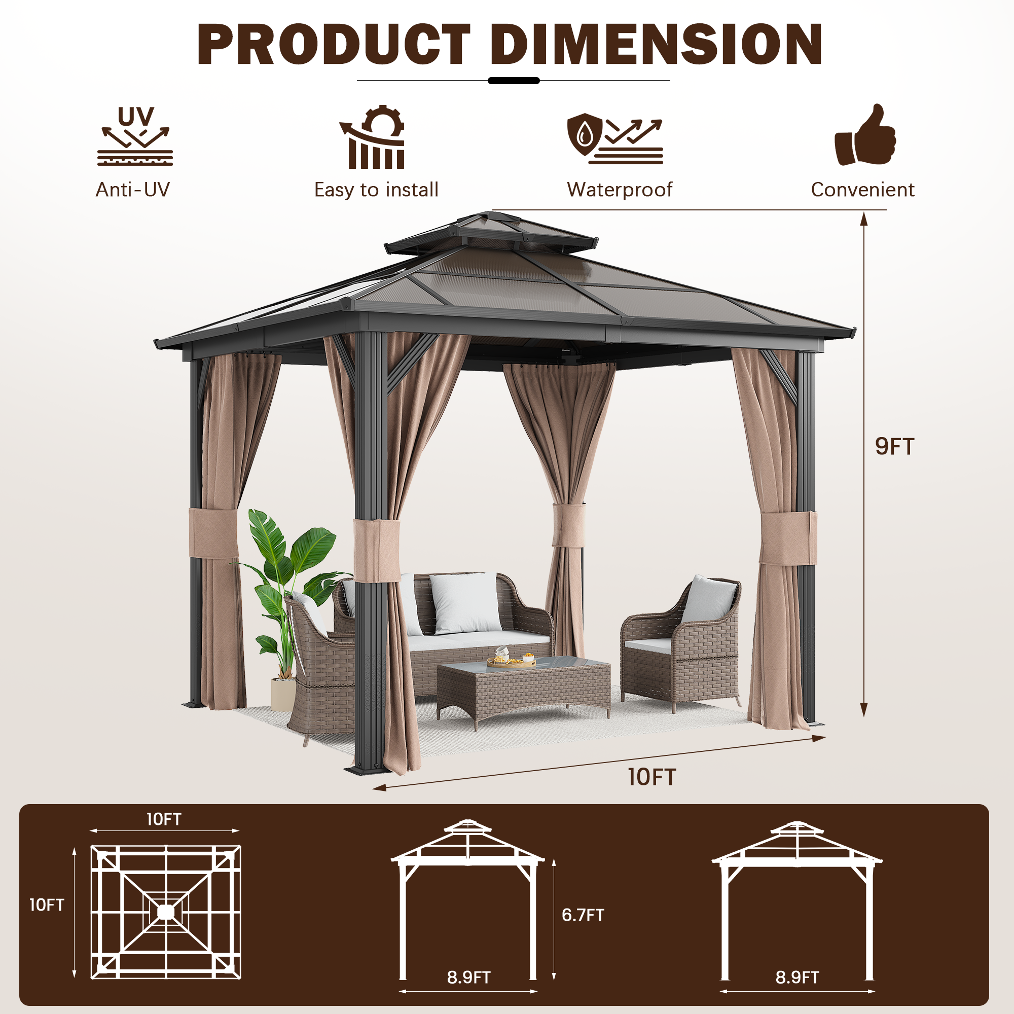 Homrest 10X10 Gazebo with Polycarbonate Double Roof