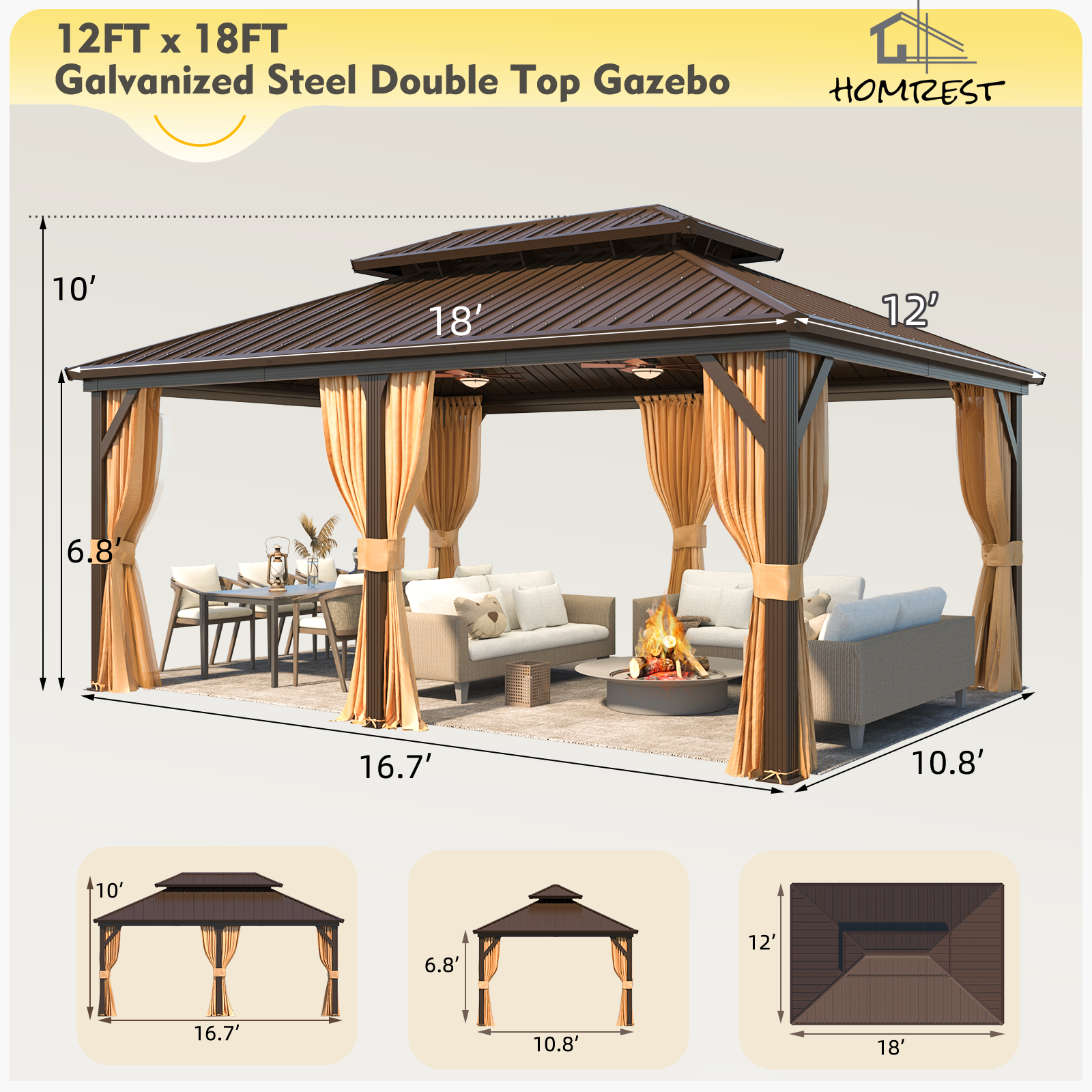 Homrest 12X18 Hardtop Gazebo, Aluminum Frame Gazebos with Galvanized Steel Double Roof