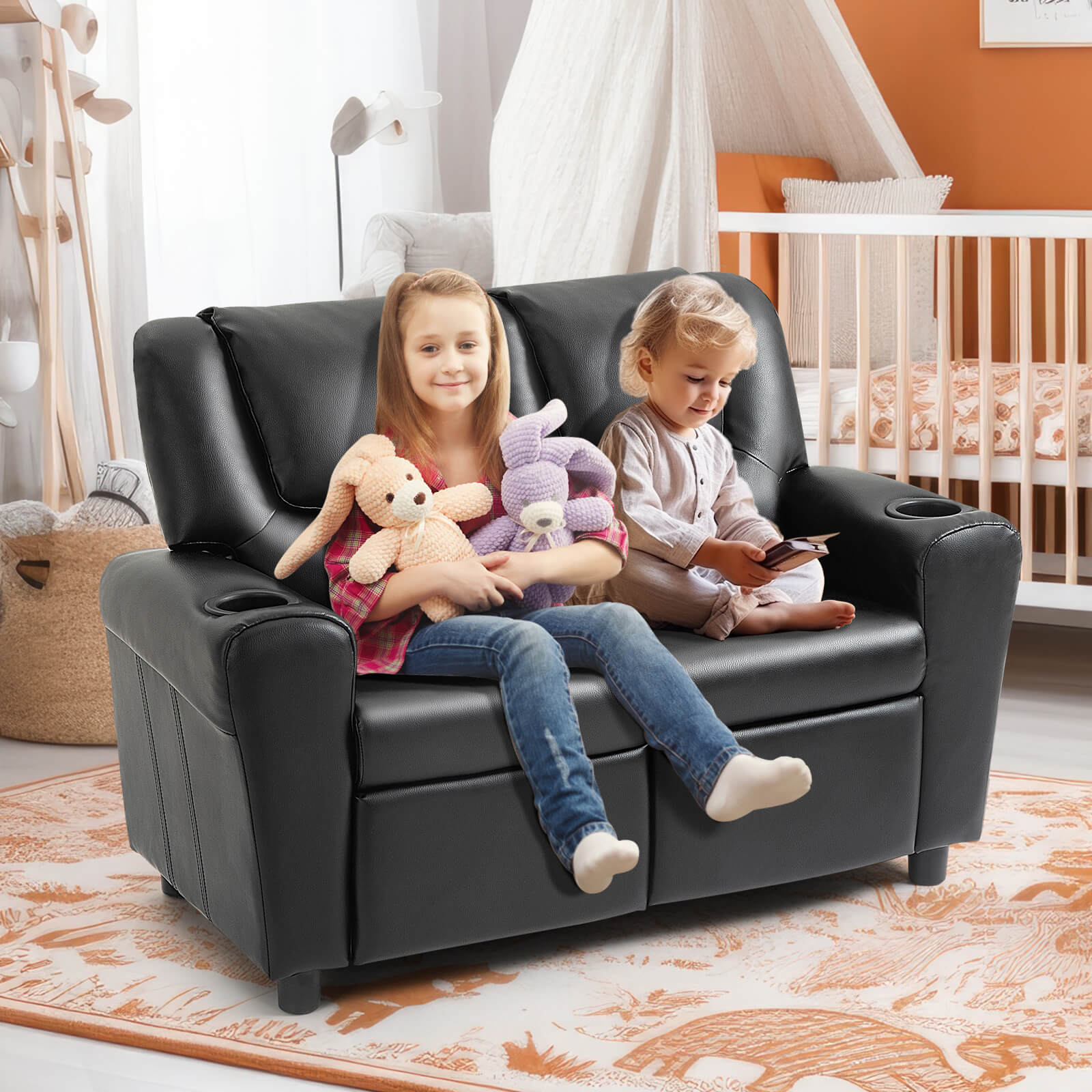 HOMREST Kids Recliner Chair, Double Kids Sofa Chair w/Cup Holder PU Leather, Toddler Loveseat Couch w/Adjustable Footrest & Headres for Boys Girls 3+ Age Group, Classic Black