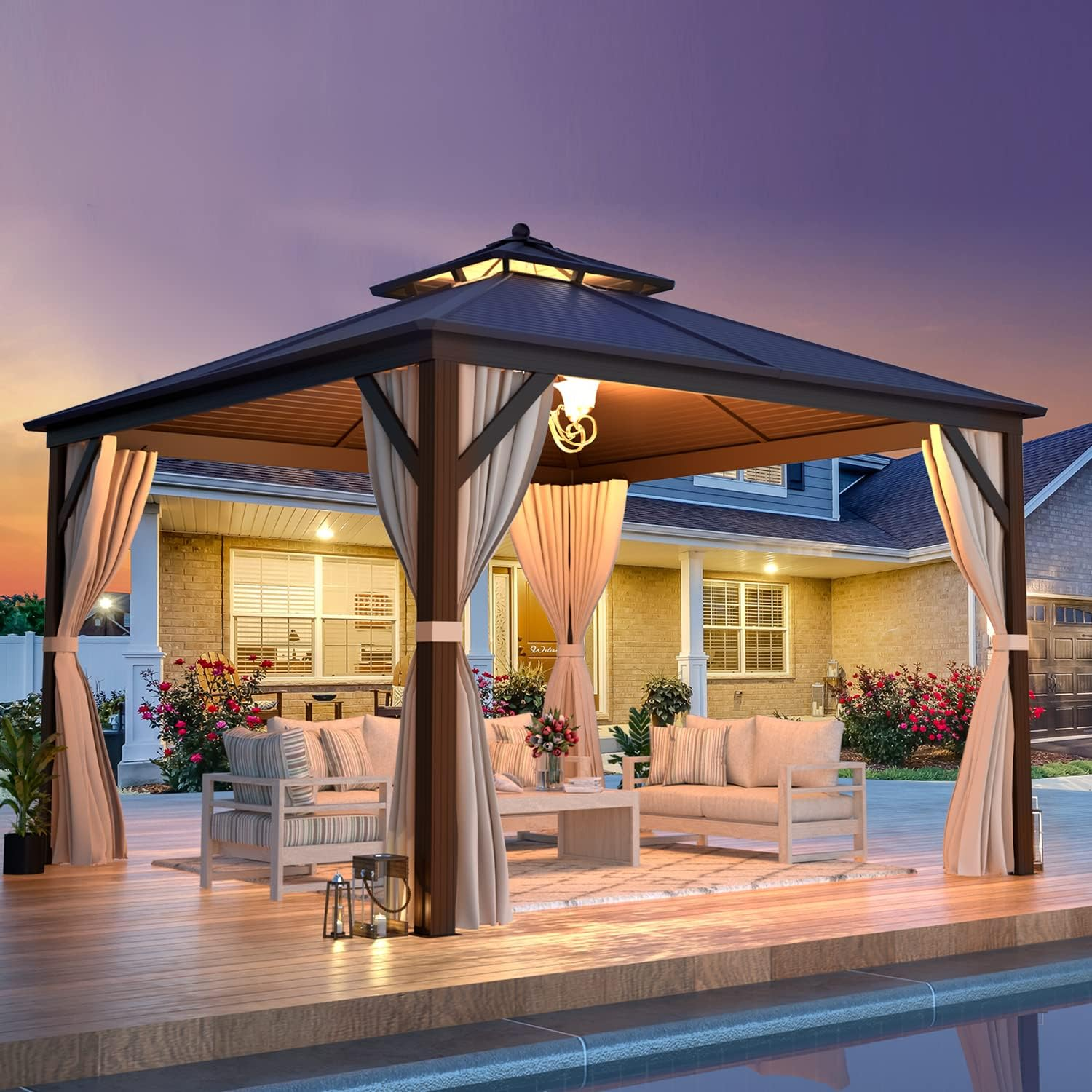 Homrest 12' x 12' Hardtop Gazebo Canopy Galvanized Steel Pergolas with Netting & Curtains